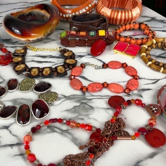 Boho Red Brown Orange Jewelry Lot Bracelets Bangles Necklaces Chunky Mixed Set - Picture 2 of 12